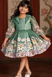 Olive Green Floral Printed And Floral Embellishment Frock For Girls