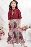 Maroon Embroidered Top and Printed Casual Skirt Set For Girls