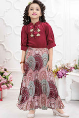 Maroon Embroidered Top and Printed Casual Skirt Set For Girls