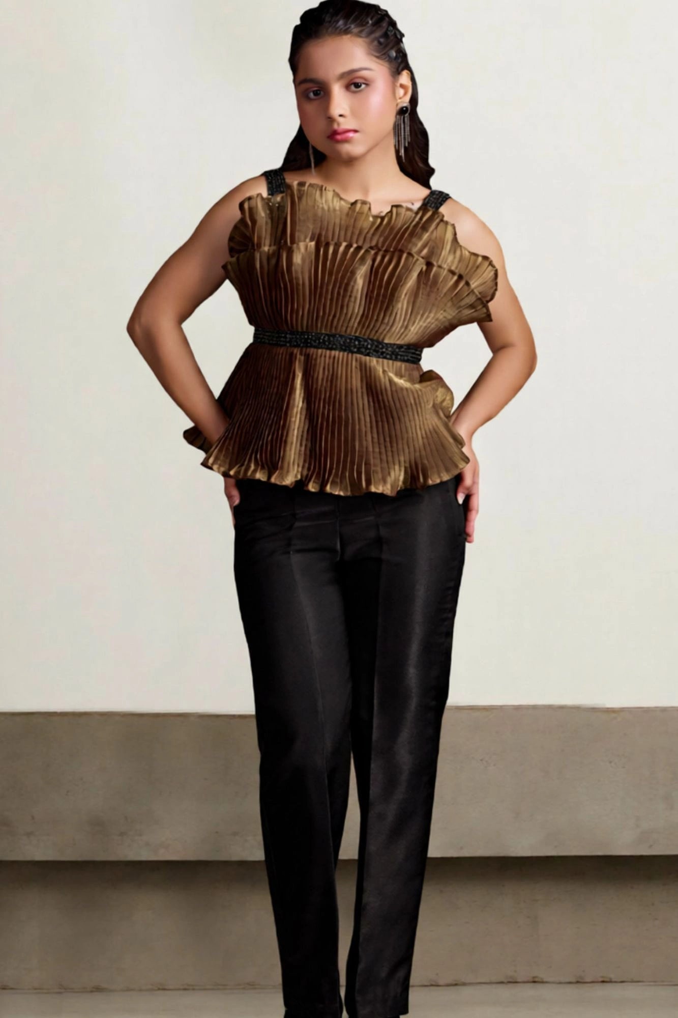 Metallic Gold Pleated Top with Pants For Girls