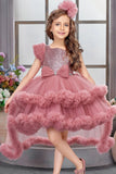 Dusty Pink Sequin High-Low Party Dress with Layered Ruffle Hem For Girls