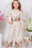 Cream Floral Printed Top and Wide Legged Pant Set With Hand Bag For Girls