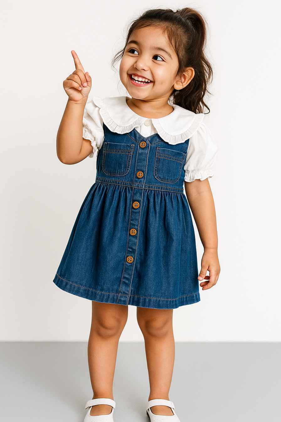 Classic Blue Denim Frock With Puff Sleeve Blouse For Girls