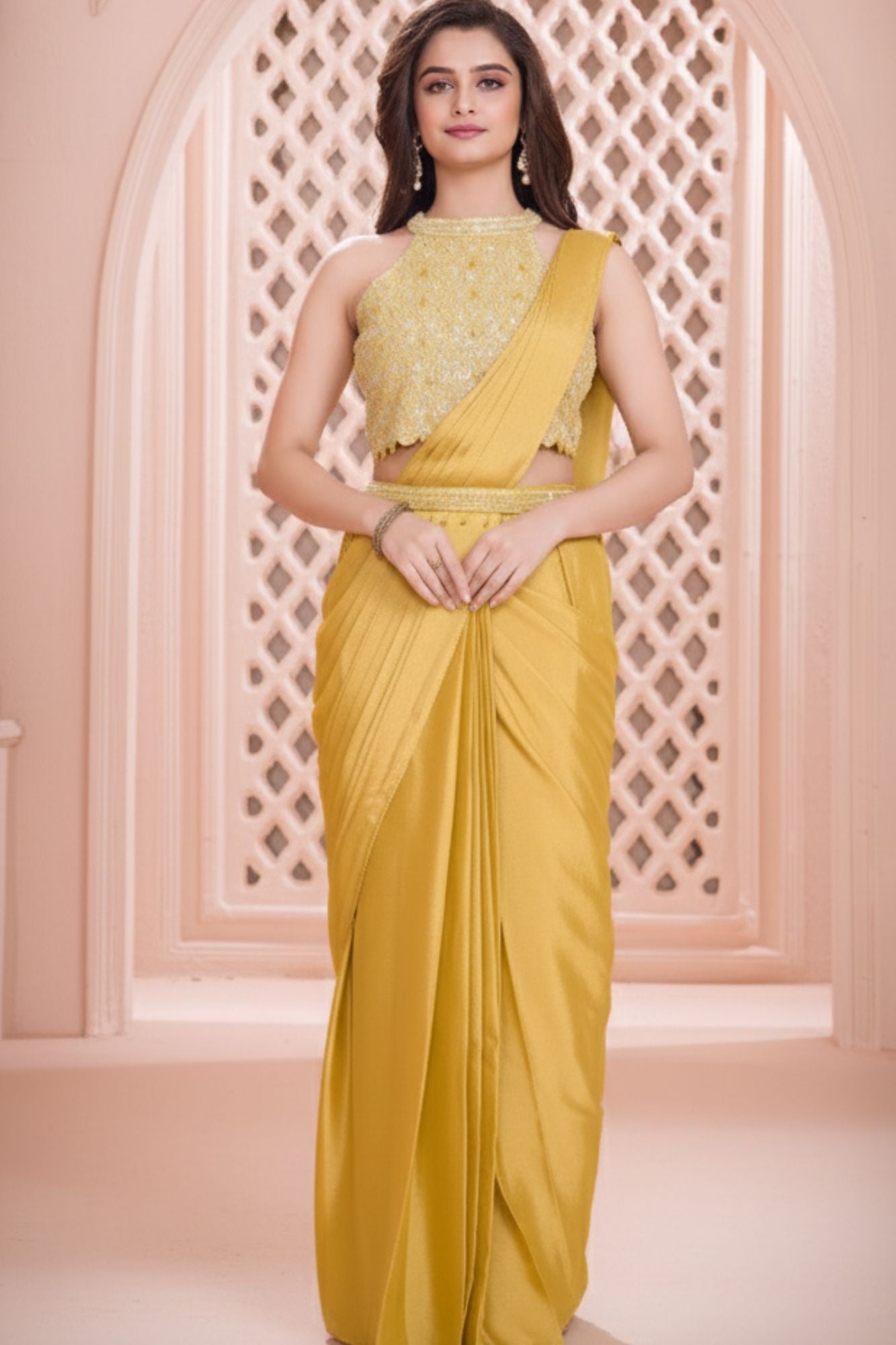 Designer Mustard Yellow Pre Draped Saree with Embellished Blouse For Girls