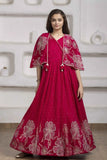 Crimson Red Floral Embroidered Cape Gown For Girls