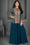 Blue Embroidered Palazzo Set with Jacket for Girls