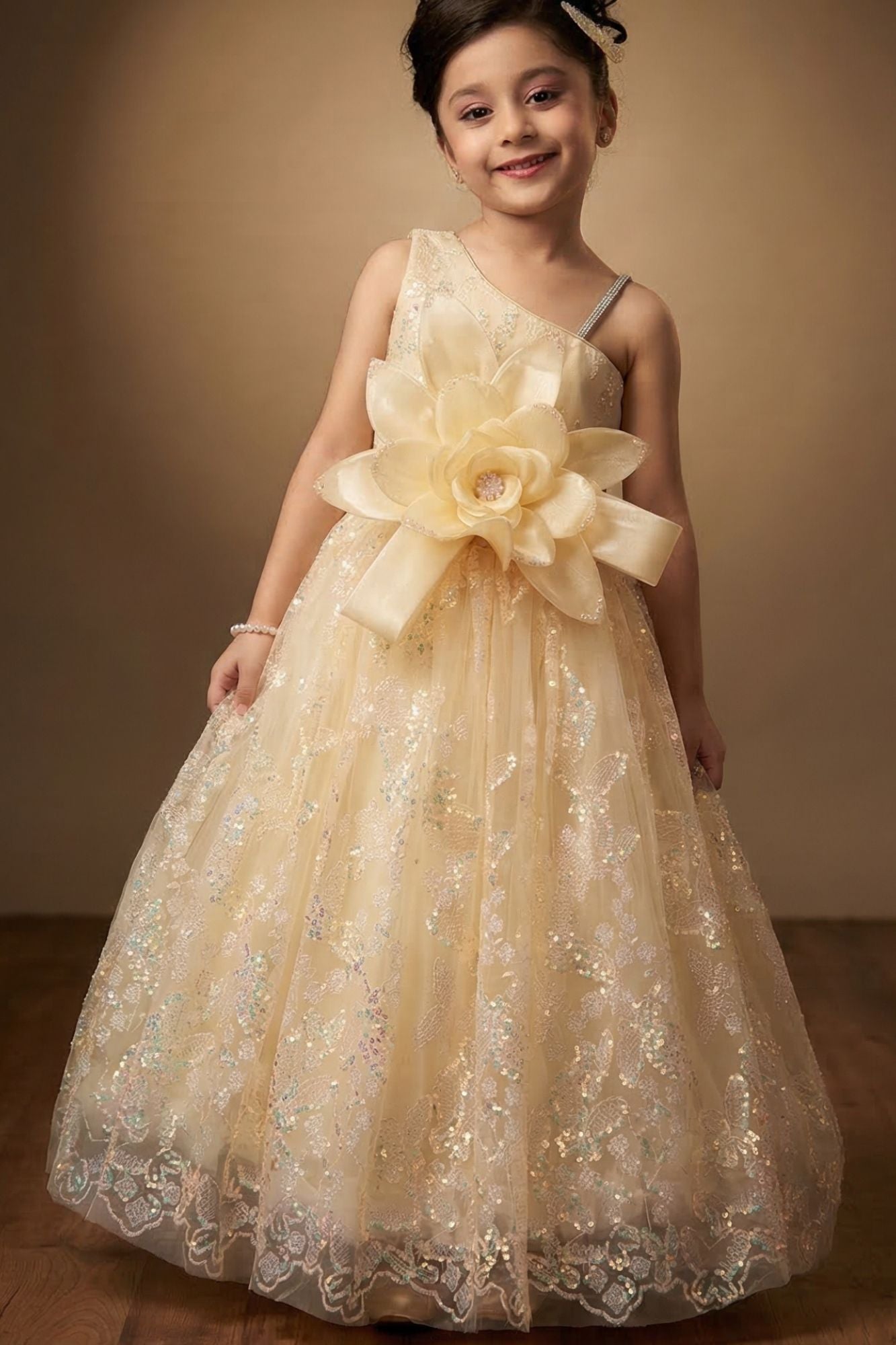 Fawn Floral Applique One-Shoulder Party Wear Gown with Big Bow For Girls