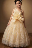 Fawn Floral Applique One-Shoulder Party Wear Gown with Big Bow For Girls