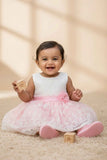 Pink & White Embroidered Party Frock with Floral Appliqué For Girls