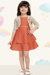 Girls Rust Orange Layered Frock With Lace Shrug And Floral Accent