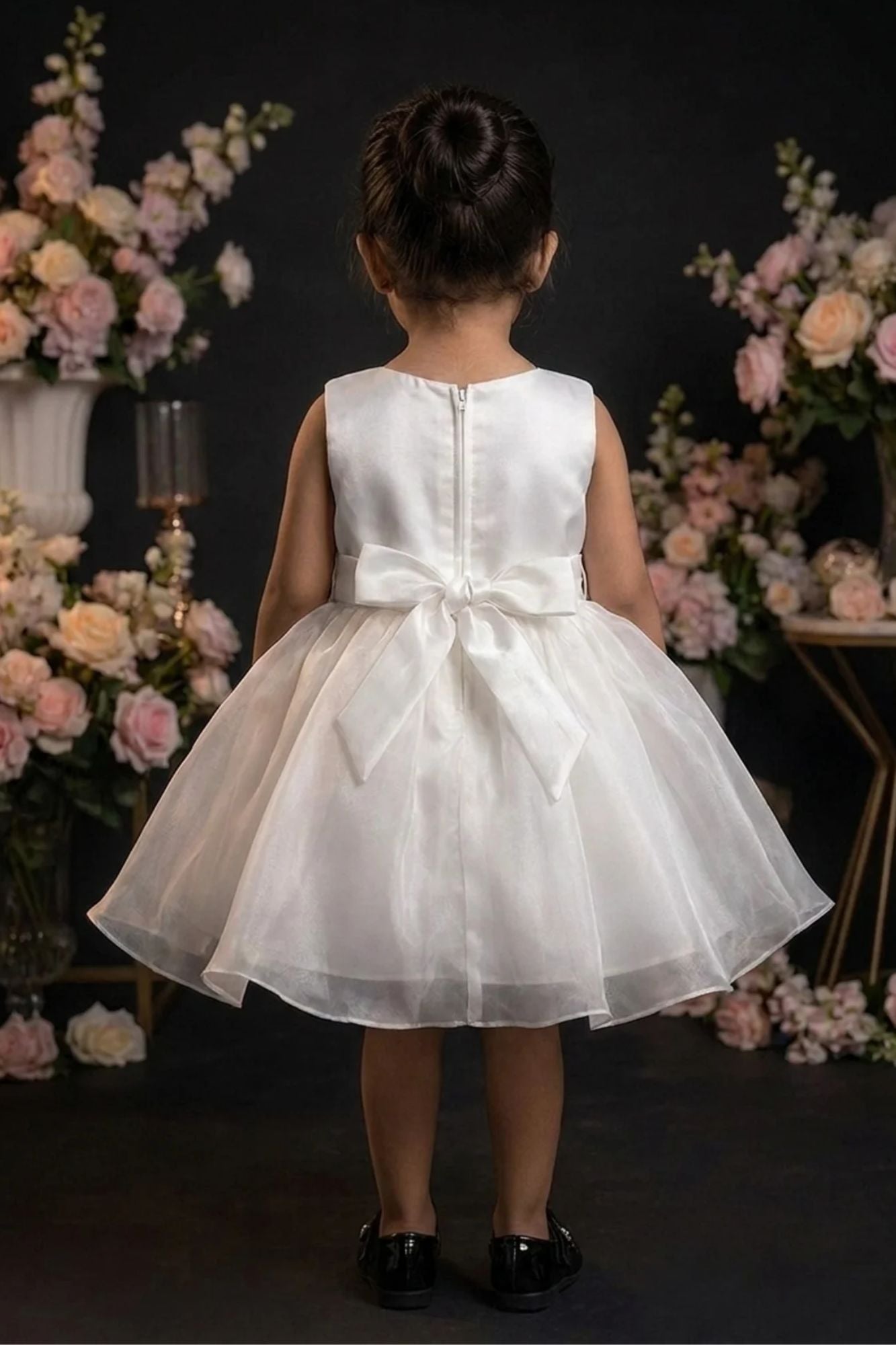 Girls White  Party Frock With Black Floral Applique