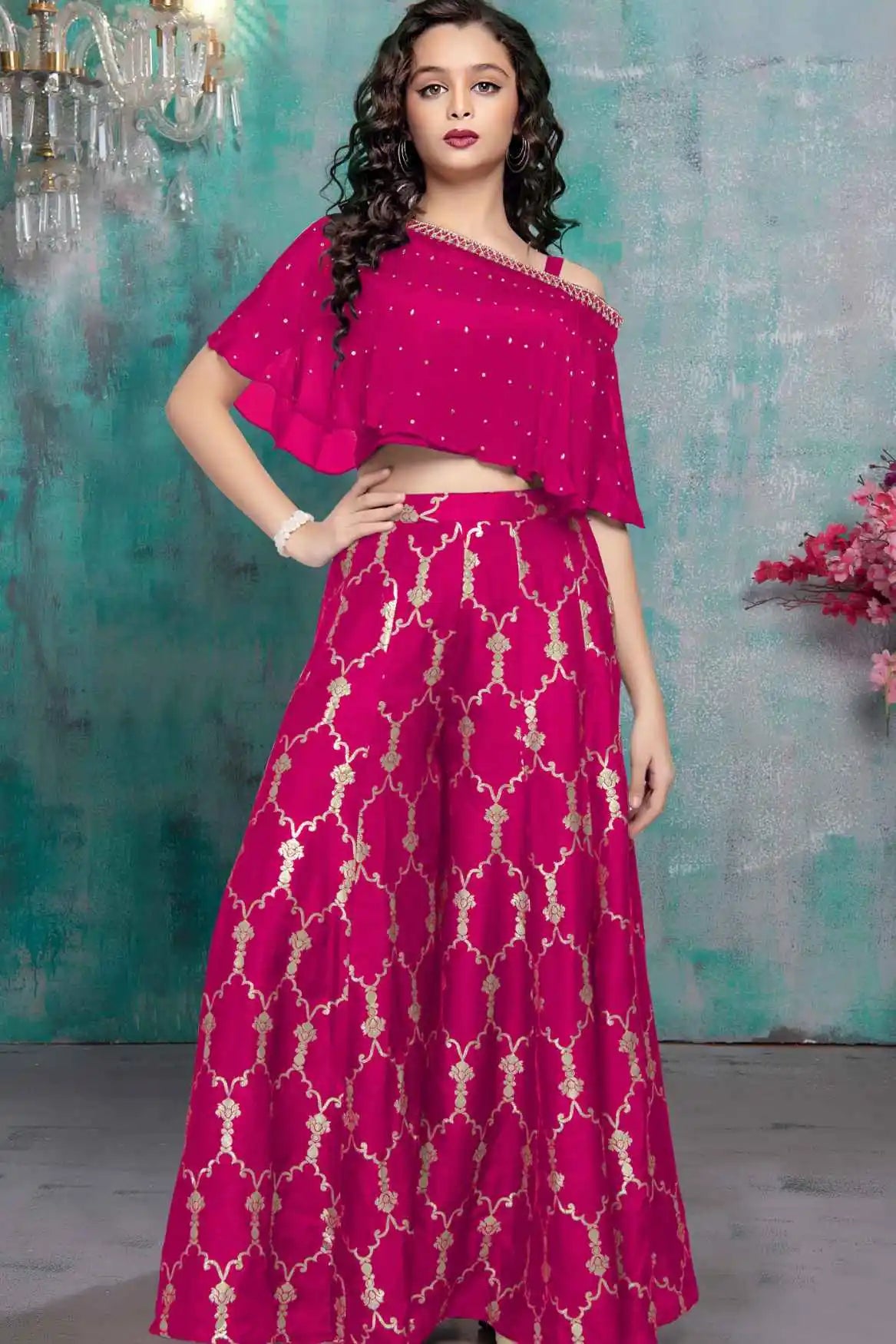 Rani Pink One-Shoulder Cape Top With Gold Foil Print Palazzo Set For Girls