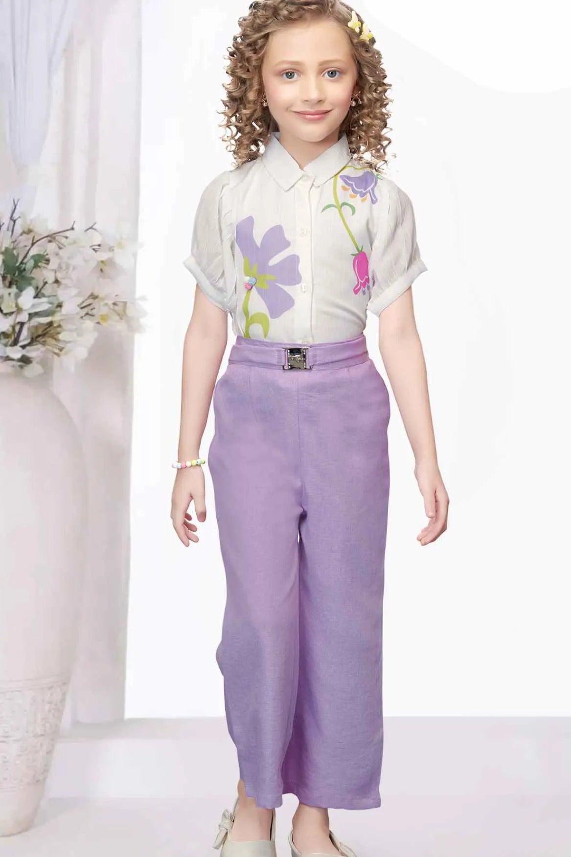 Purple Wide-Leg Pant With Floral Printed White Shirt For Girls