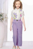 Purple Wide-Leg Pant With Floral Printed White Shirt For Girls