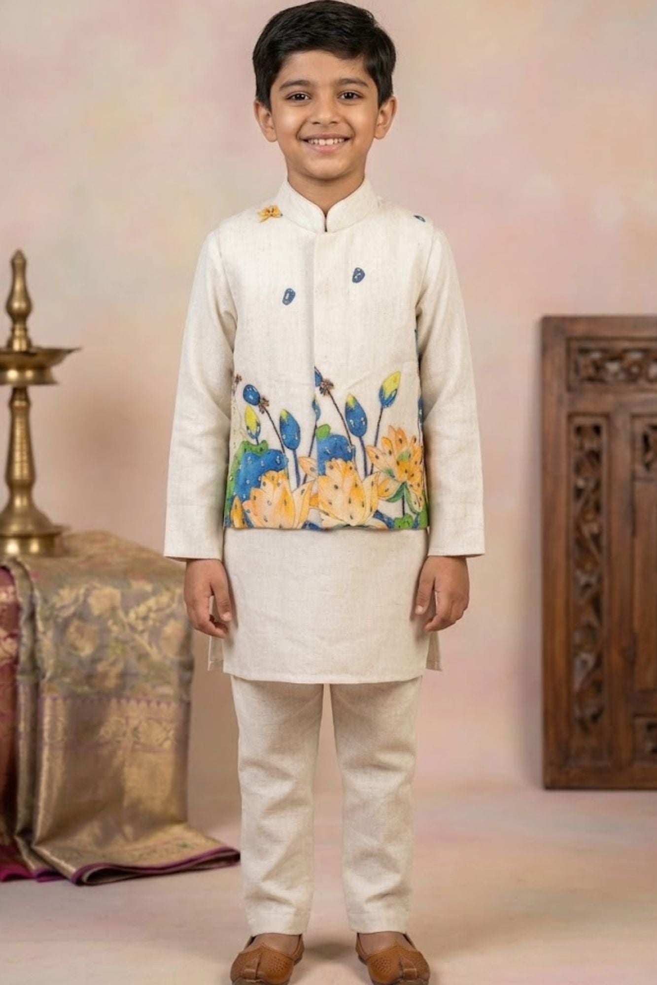 Ivory Kurta Pyjama Set with Floral Printed Nehru Jacket For Boys