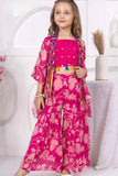Pink Printed Co-Ord Set With Embellished Overcoat For Girls