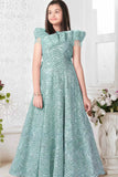 Embellished Aqua Blue Gown with Fancy Sleeves For Girls