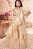 Beige Ruffle Layered Lehenga Choli with Embroidered Ruffled Dupatta For Girls