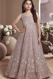 Rose Gold Beige Embroidered Party Wear Gown With Sequin Work For Girls