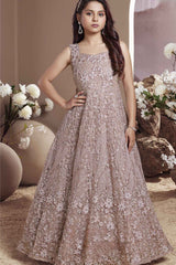 Rose Gold Beige Embroidered Party Wear Gown With Sequin Work For Girls
