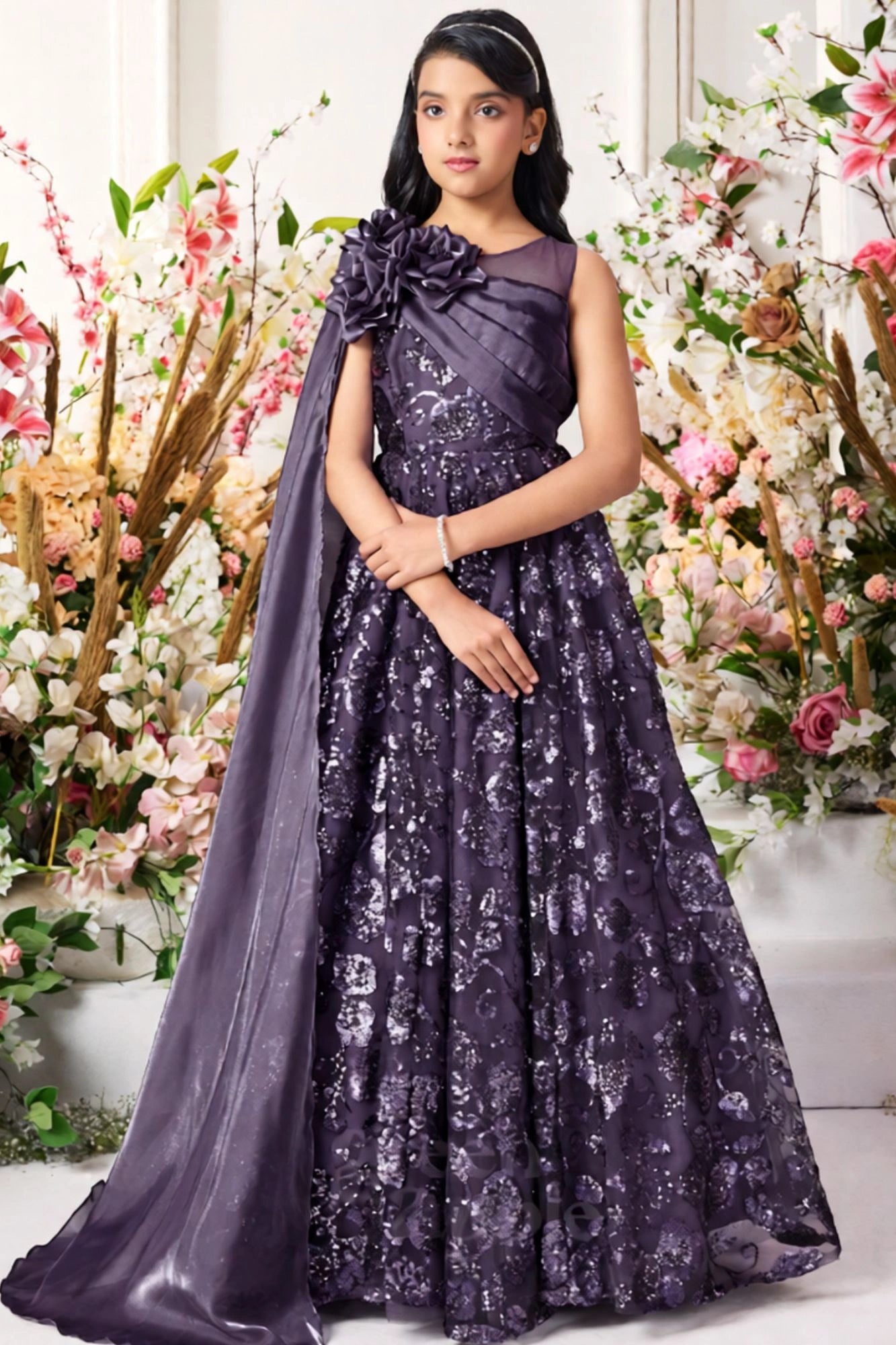 Purple Sequin Party Gown with One-Shoulder Cape & Floral Appliqué For Girls