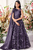 Purple Sequin Party Gown with One-Shoulder Cape & Floral Appliqué For Girls