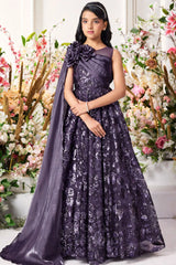 Purple Sequin Party Gown with One-Shoulder Cape & Floral Appliqué For Girls