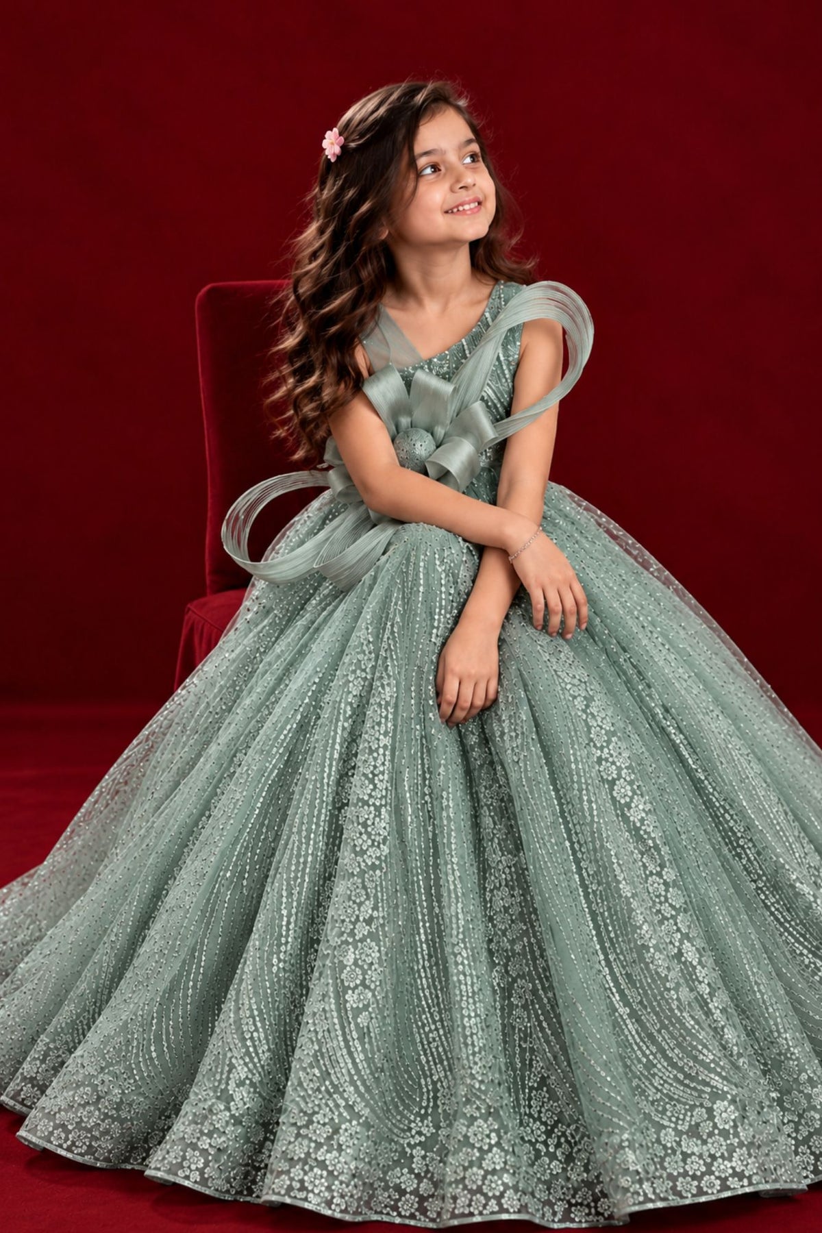 Girls Sage Green Sequin Bow Party Wear Gown