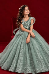 Girls Sage Green Sequin Bow Party Wear Gown