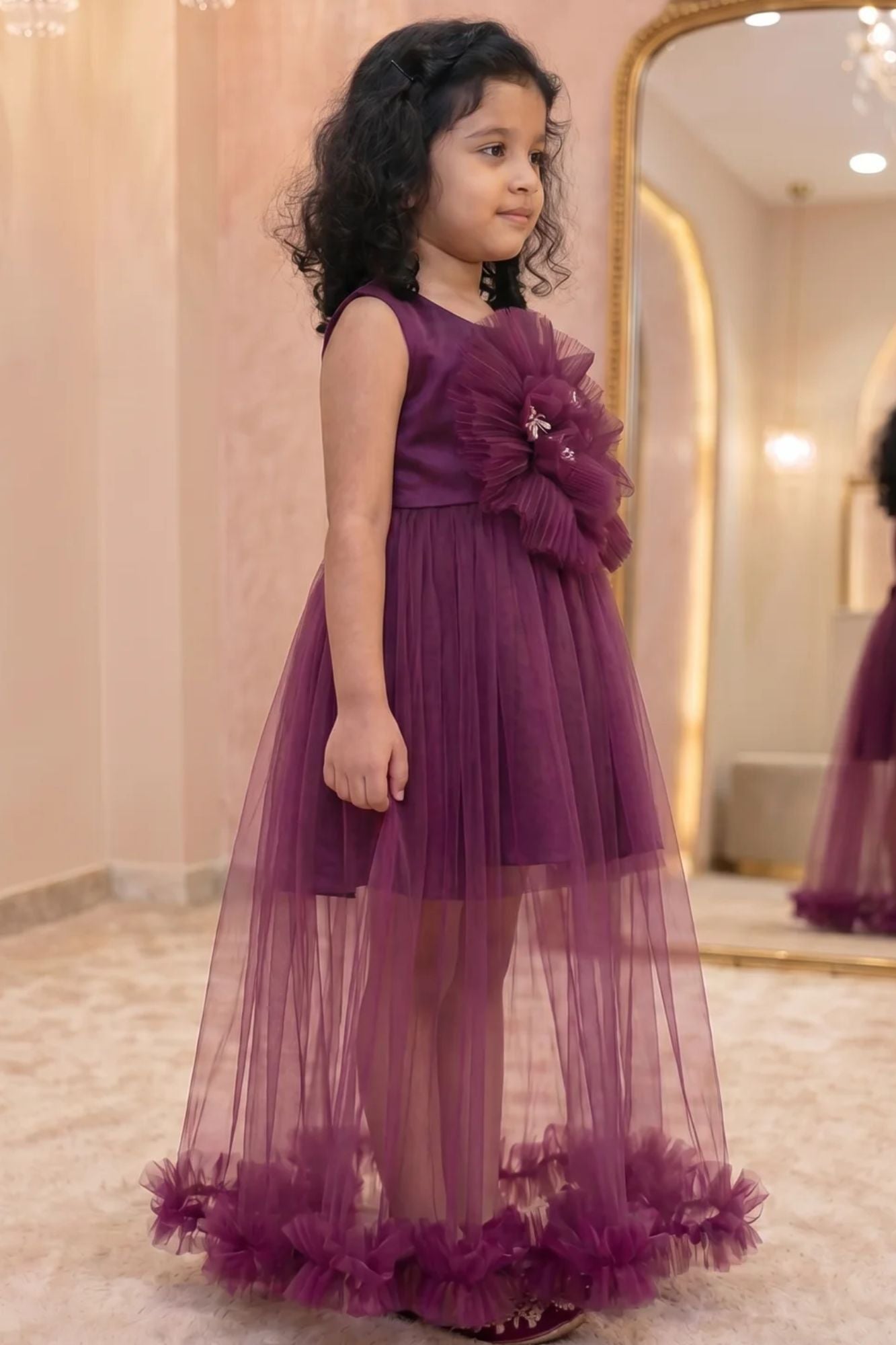 Wine Party Frock with Oversized Floral Appliqué For Girls