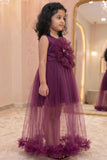Wine Party Frock with Oversized Floral Appliqué For Girls