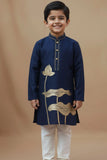 Navy Blue Lotus Foil Printed Kurta Set For Boys