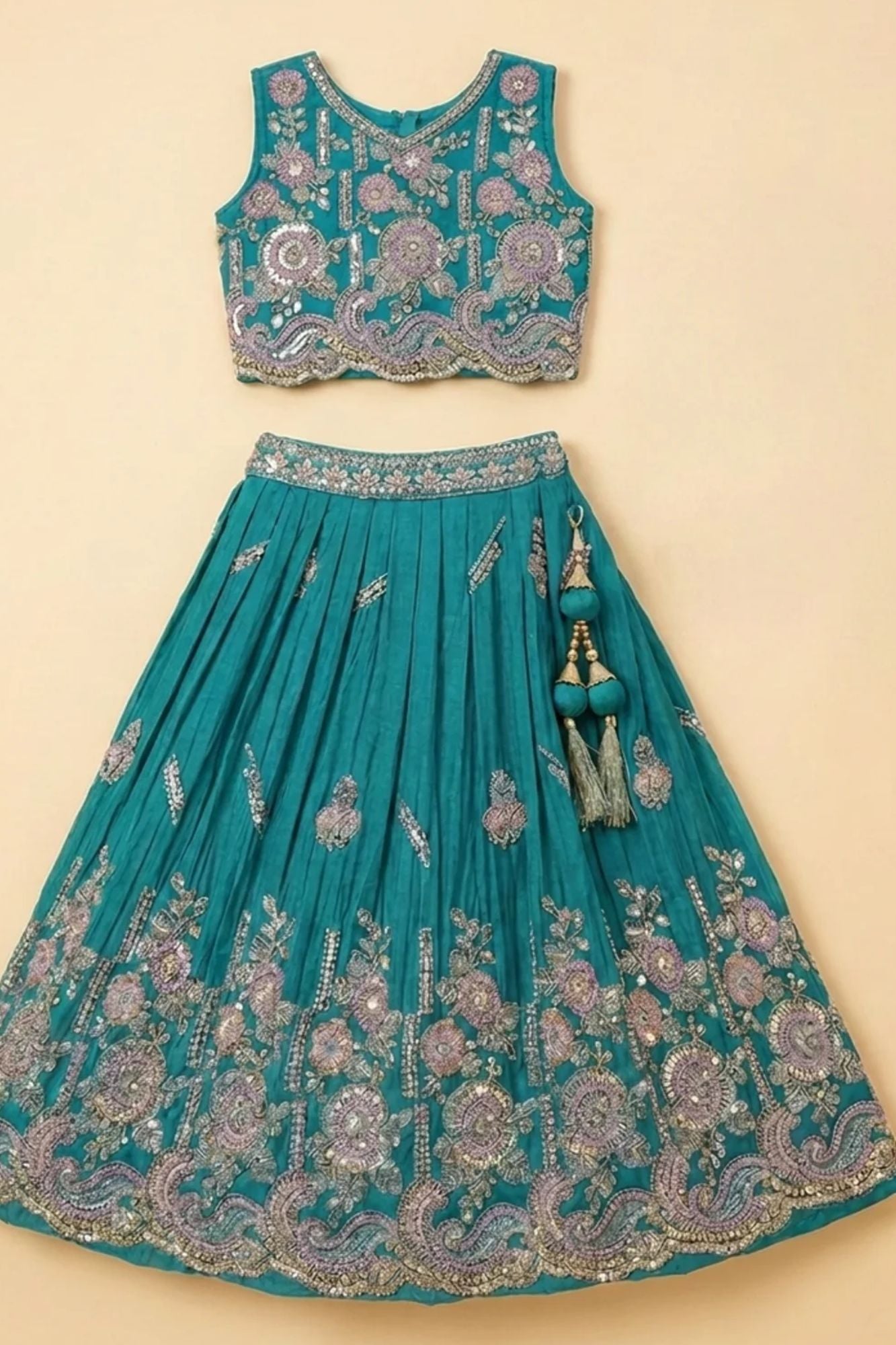Girls Rama Green Embroidered Lehenga Choli Set with Dupatta