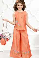 Orange Embroidered Work Palazzo Set With Sling Bag For Girls