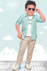 Green Checked Shirt And Fawn Pant With T Shirt Set For Boys