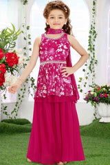 Rani Pink Sleeveless And Floral Printed Palazzo Set For Girls