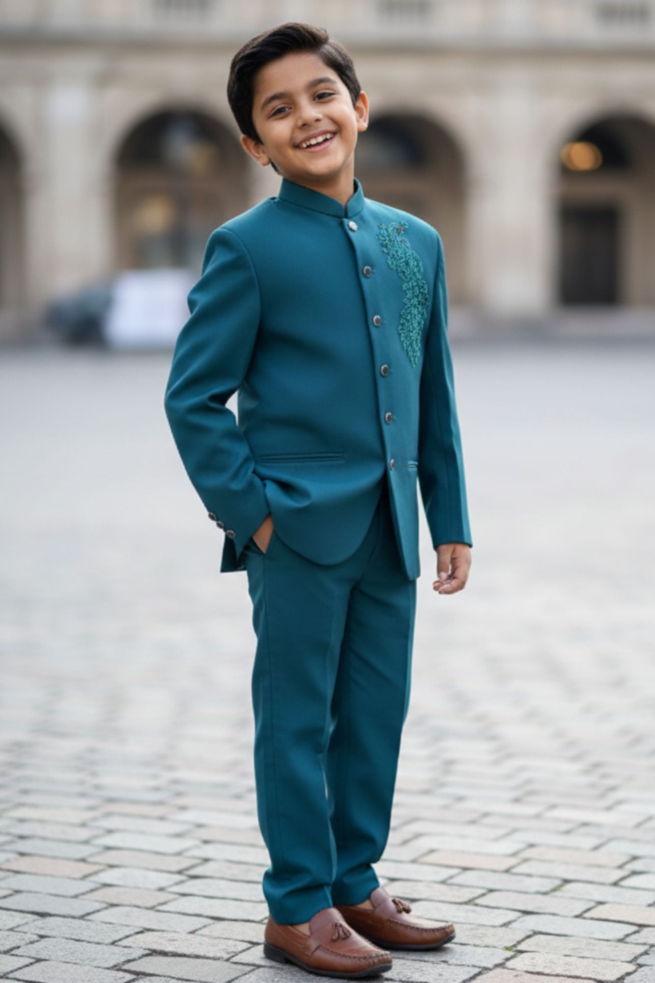 Classic Teal Green Jhodhpuri Suit Set For Boys
