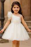 White One-Shoulder Sequins Embroidered Party Frock with Floral Accent For Girls