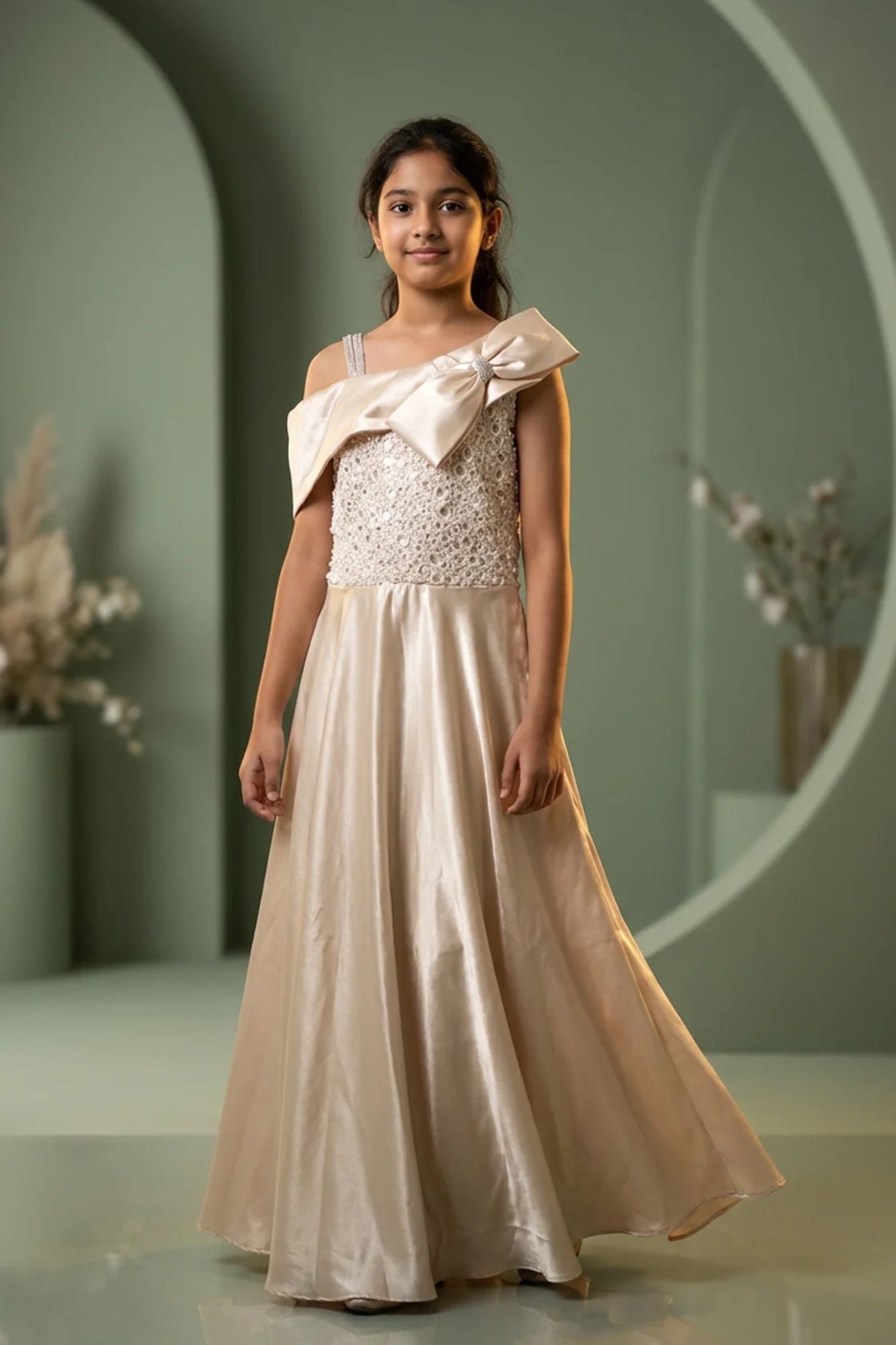 Girls Champagne Gold One-Shoulder Party Wear Gown