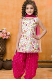 Rani Pink and Cream Printed Patiala Set with Dupatta For Girls