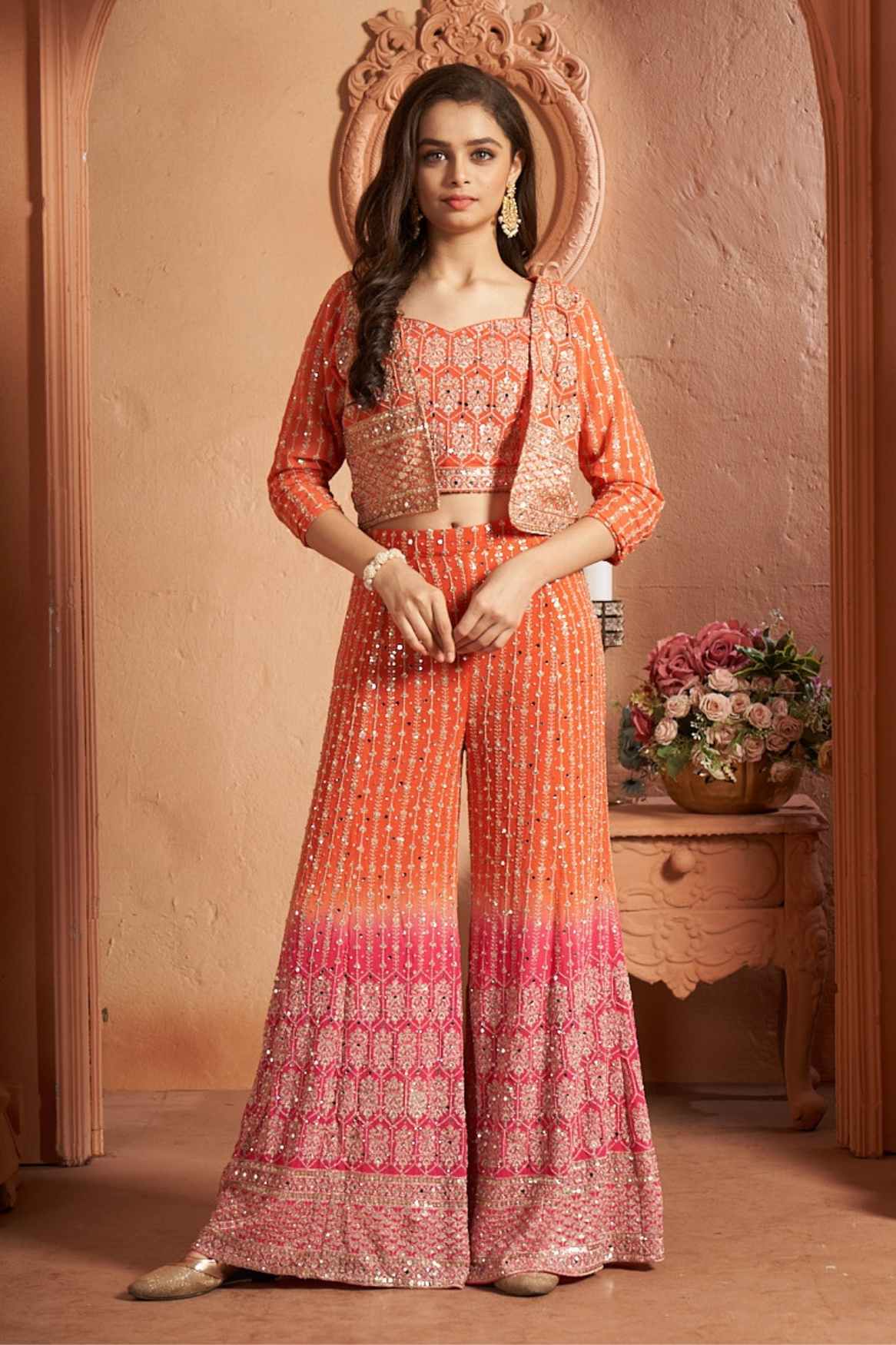 Orange Sequins Embroidered And Mirror Work Palazzo Set With Overcoat For Girls