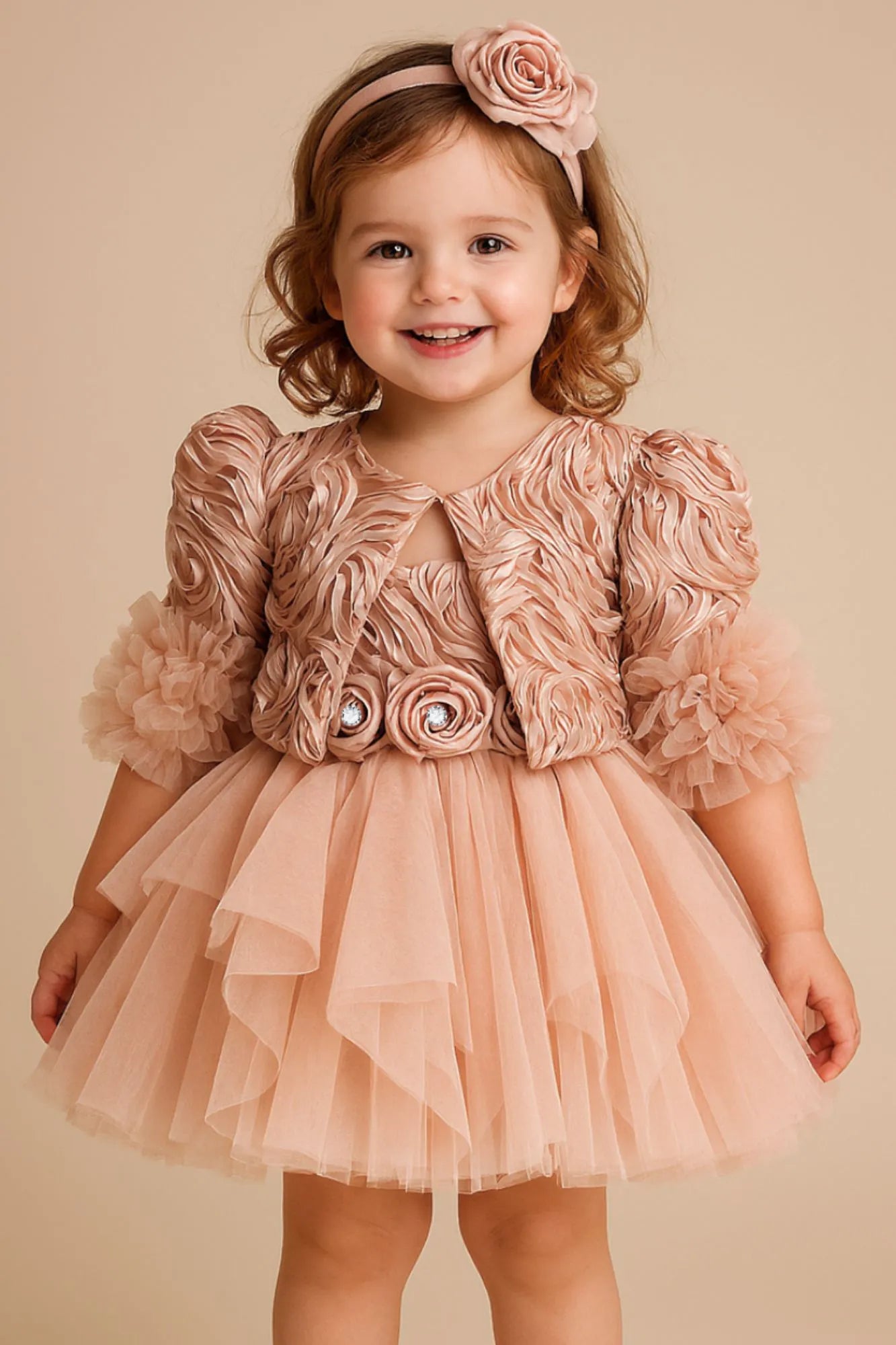 Peach Rosette Tulle Frock with Jacket For Girls
