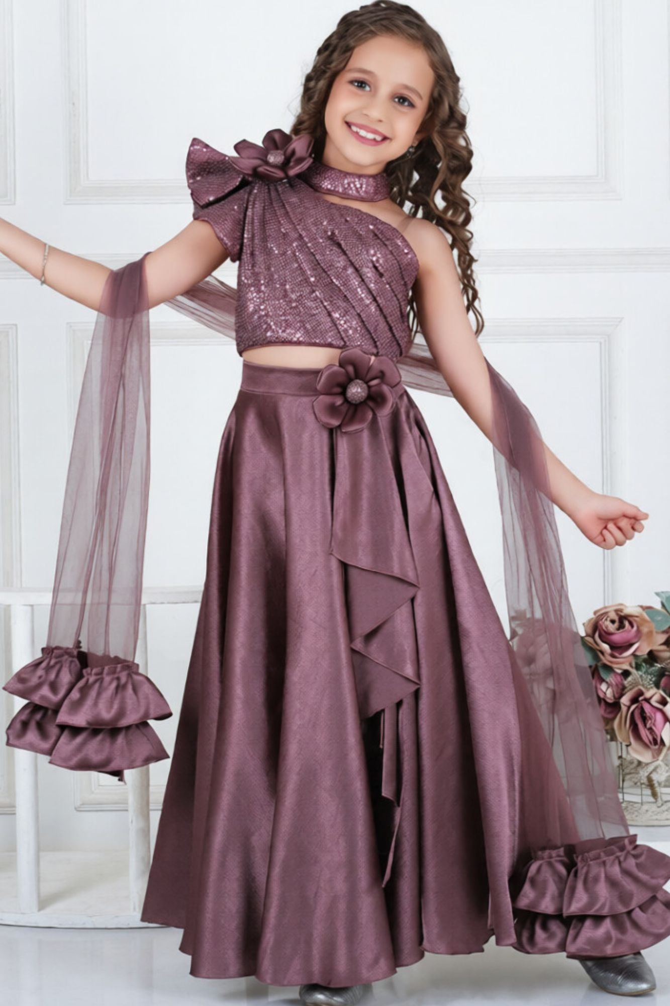 Mauve Sequin One-Shoulder Lehenga Set For Girls