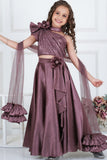 Mauve Sequin One-Shoulder Lehenga Set For Girls