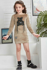 Fawn Velvet Dress With Patch Work For Girls