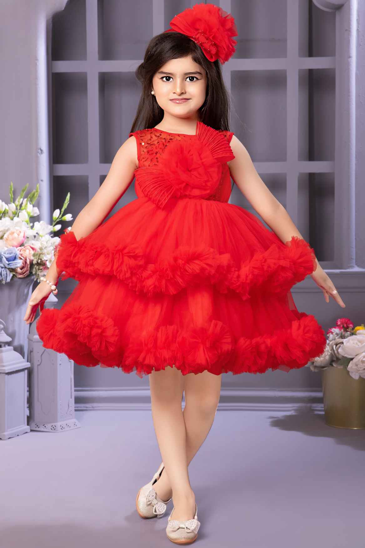 Red Ruffled Flower Party Frock For Girls