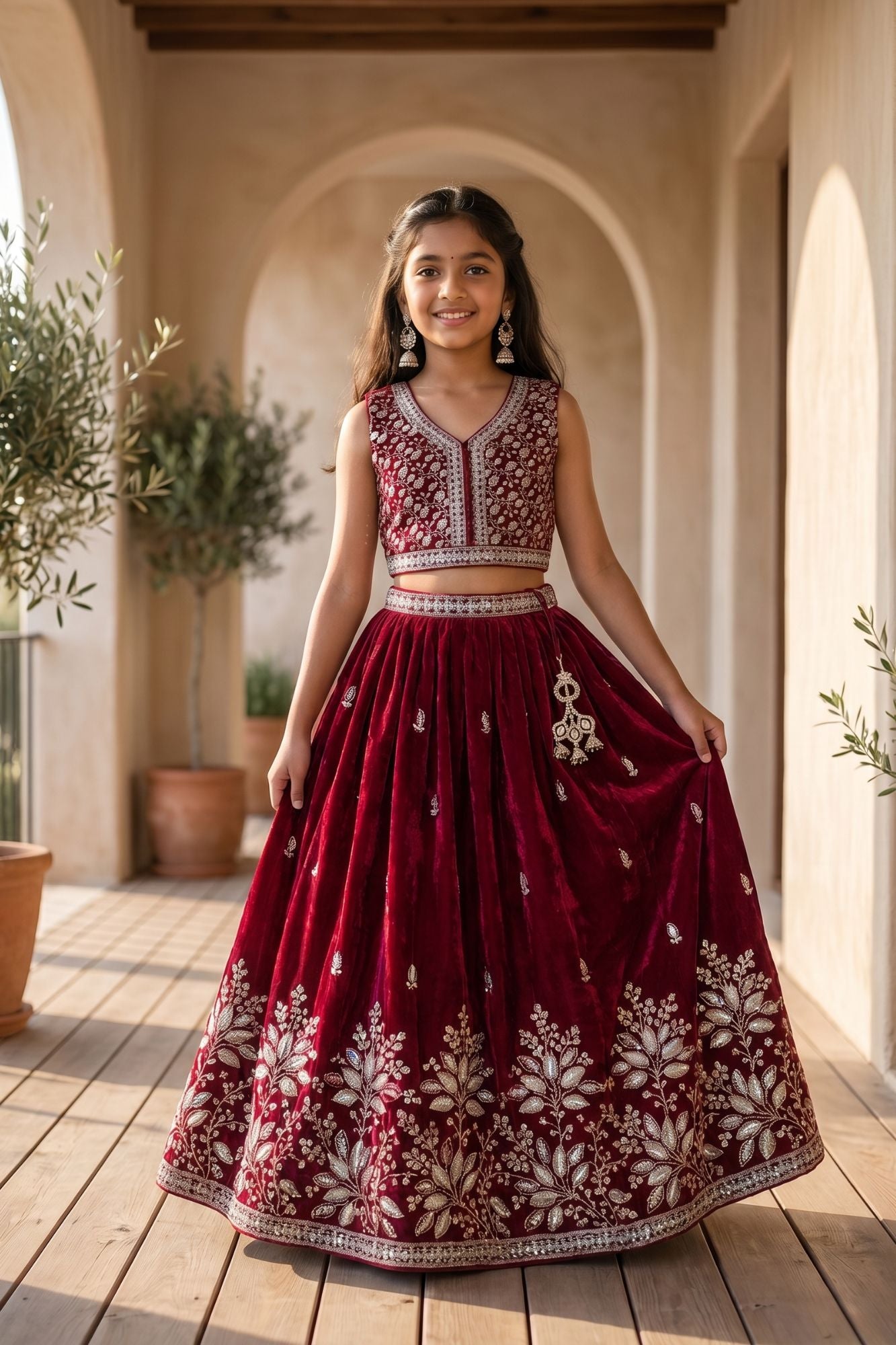 Girls Maroon Floral Embroidered Ethnic Lehenga Choli Set with Dupatta
