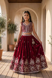 Girls Maroon Floral Embroidered Ethnic Lehenga Choli Set with Dupatta