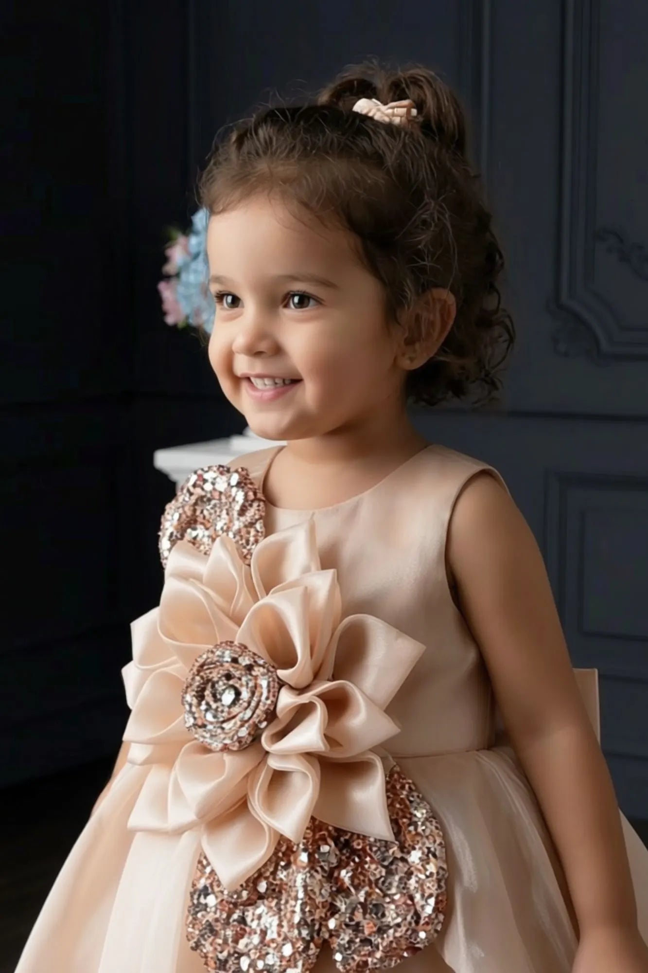 Champagne Blue Floral Party Wear Frock For Baby Girls