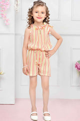 Orange Striped And Floral Embellished Jumpsuit For Girls